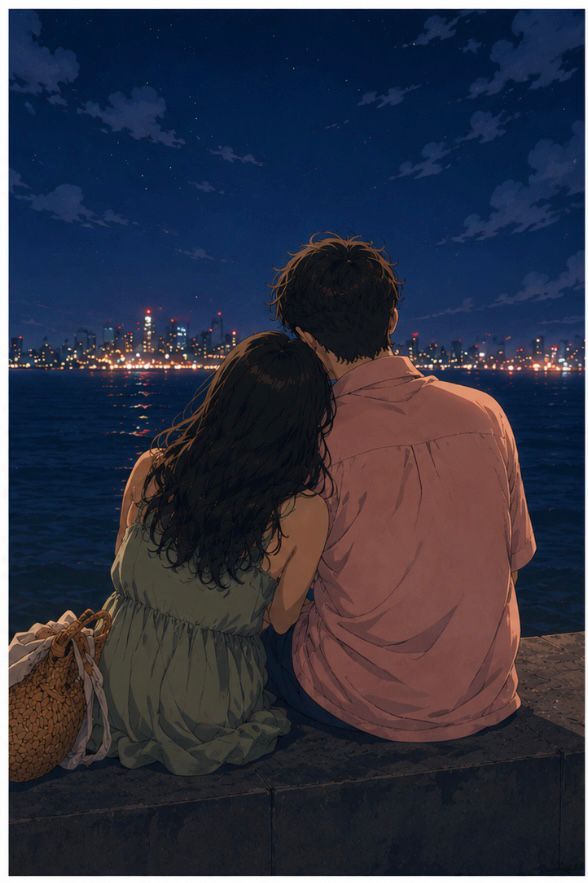 The couple together under the night sky